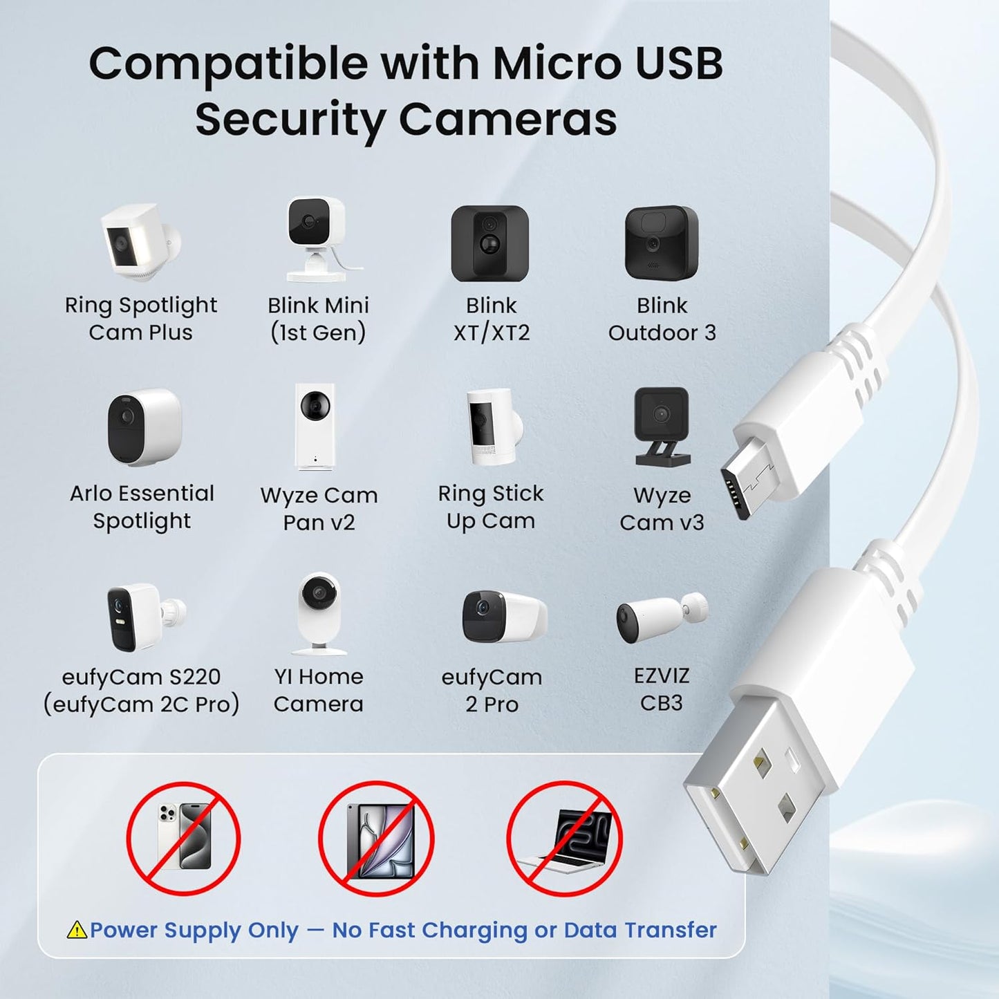 Micro USB Power Cable 20 FT (2 Pack),Flat Micro USB Charging Power Cord,Charger for Wyze Cam V3 Pan 25,Nest Yi Cam 15,Blink XT XT2 Mini,Outdoor 3Rd Gen Camera 16,Arlo Q,Xbox One Controller