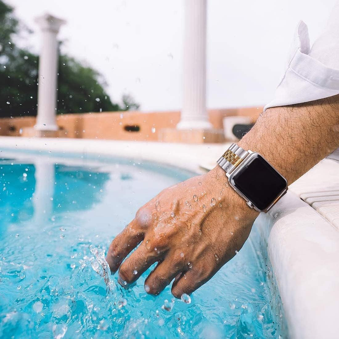 Compatible with Apple Watch Band 45Mm 44Mm 42Mm 41Mm 40Mm 38Mm, Stainless Steel Heavy Band with Butterfly Folding Clasp Link Bracelet for Iwatch Series7/6/Se Series 5/4/3/Men Women ,Silver/Gold, 41Mm/40Mm/38Mm