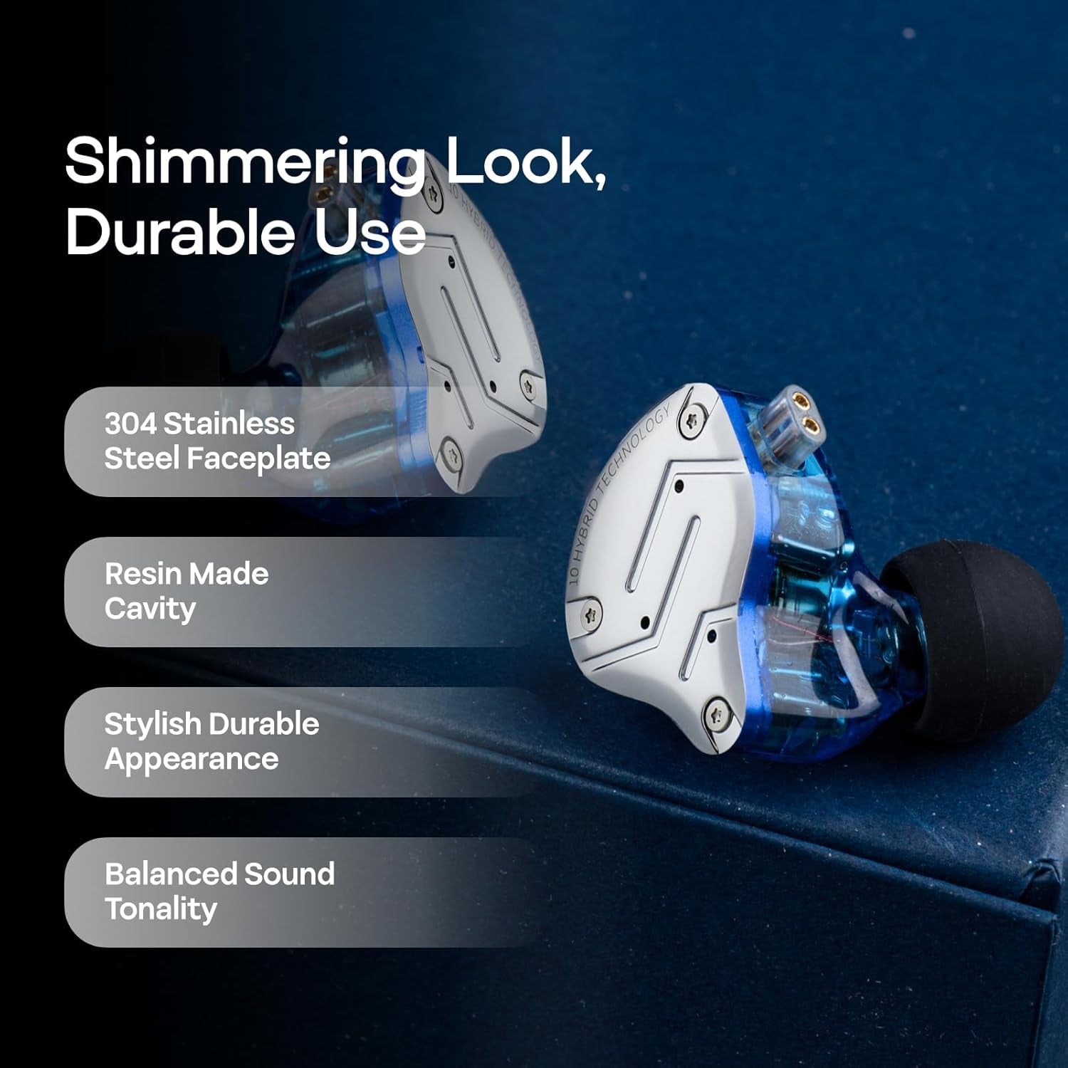 KZ ZS10 Pro 4BA+1DD 5 Driver In-Ear Hifi Metal Earphones with Stainless Steel Faceplate, 2 Pin Detachable Cable (Without Mic, Blue)