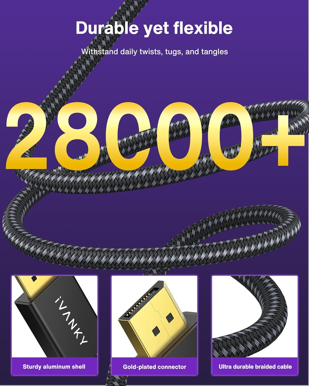 8K VESA Certified Displayport Cable 1.4,  DP Cable 6.6Ft (8K@60Hz, 4K@144Hz, 2K@240Hz)Hbr3 Support 32.4Gbps, HDR, HDCP 2.2, Freesync G-Sync, Braided Display Port for Gaming Monitor, Graphics, PC