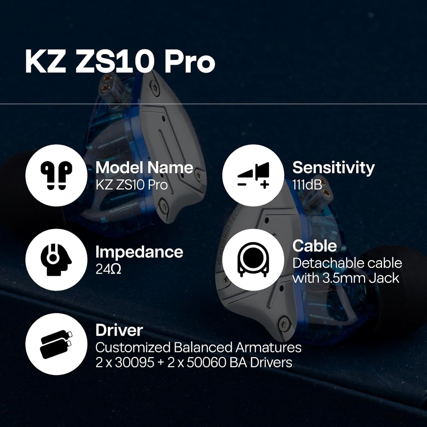 KZ ZS10 Pro 4BA+1DD 5 Driver In-Ear Hifi Metal Earphones with Stainless Steel Faceplate, 2 Pin Detachable Cable (Without Mic, Blue)