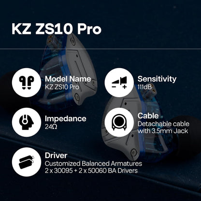 KZ ZS10 Pro 4BA+1DD 5 Driver In-Ear Hifi Metal Earphones with Stainless Steel Faceplate, 2 Pin Detachable Cable (Without Mic, Blue)