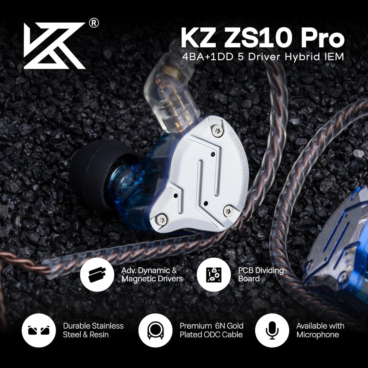KZ ZS10 Pro 4BA+1DD 5 Driver In-Ear Hifi Metal Earphones with Stainless Steel Faceplate, 2 Pin Detachable Cable (Without Mic, Blue)