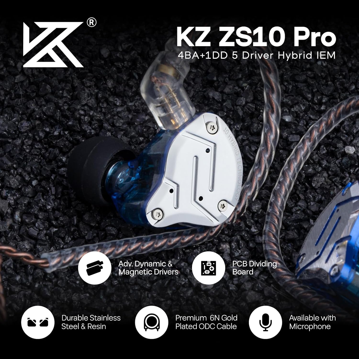 KZ ZS10 Pro 4BA+1DD 5 Driver In-Ear Hifi Metal Earphones with Stainless Steel Faceplate, 2 Pin Detachable Cable (Without Mic, Blue)