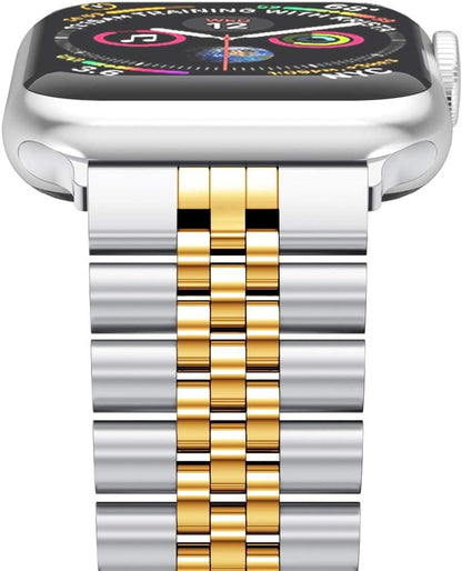 Compatible with Apple Watch Band 45Mm 44Mm 42Mm 41Mm 40Mm 38Mm, Stainless Steel Heavy Band with Butterfly Folding Clasp Link Bracelet for Iwatch Series7/6/Se Series 5/4/3/Men Women ,Silver/Gold, 41Mm/40Mm/38Mm