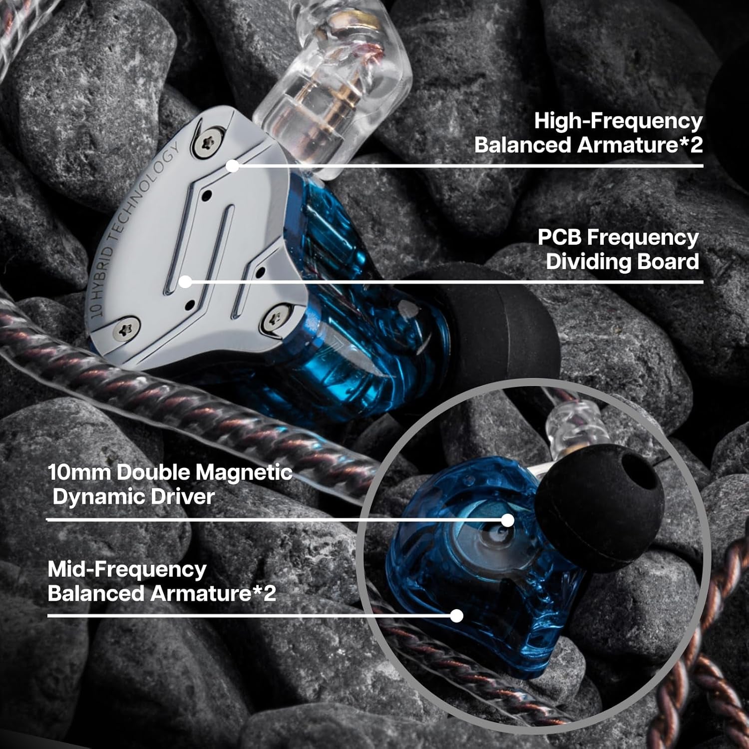 KZ ZS10 Pro 4BA+1DD 5 Driver In-Ear Hifi Metal Earphones with Stainless Steel Faceplate, 2 Pin Detachable Cable (Without Mic, Blue)